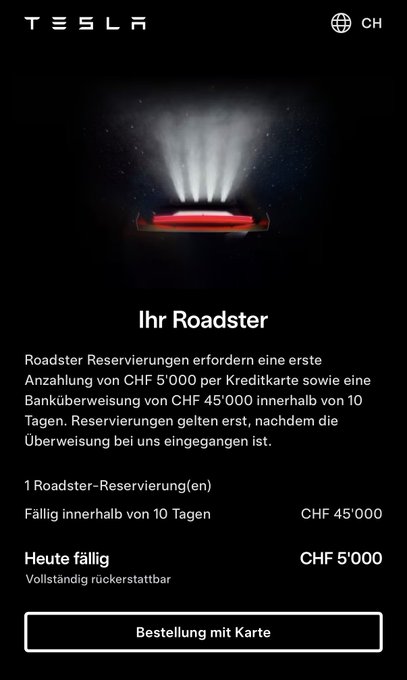 A Tesla mobile app screen shows a Roadster reservation page in German with 'Ihr Roadster', requiring a CHF 5'000 down payment and CHF 45'000 bank transfer within 10 days.