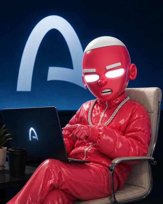 A 3D-rendered red character with a white cap and glowing white eyes works on a laptop displaying the letter 'A', with a larger 'A' logo glowing in the dark blue background.