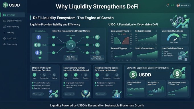 USDD DeFi dashboard titled 'Why Liquidity Strengthens DeFi' showing the DeFi Liquidity Ecosystem with sections on visualization, deep liquidity pools, reduced slippage, user flexibility, efficient trading, lending markets, and flexible borrowing options.