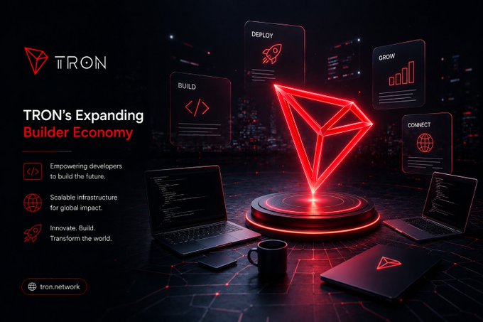A TRON promotional graphic titled 'TRON's Expanding Builder Economy' features a glowing red TRON logo with icons for Build, Deploy, Grow, and Connect, alongside laptops displaying code.
