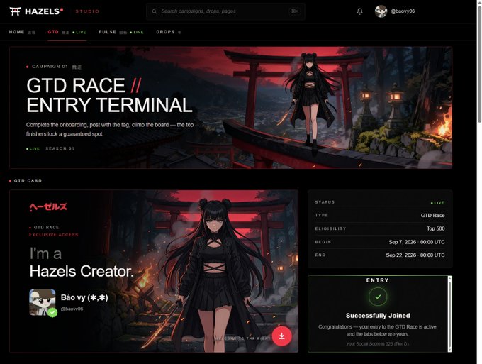 A screenshot of the Hazels Studio website showing a 'GTD RACE // ENTRY TERMINAL' campaign page featuring an anime-style character and a GTD card for user 'Bao vy' indicating successful entry into the race.