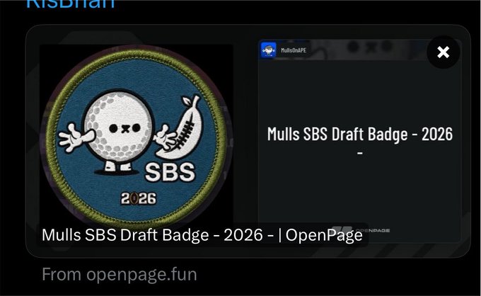 A preview of an 'OpenPage' featuring the 'Mulls SBS Draft Badge – 2026,' showing a circular patch with a golf ball character holding a banana, hosted on openpage.fun.