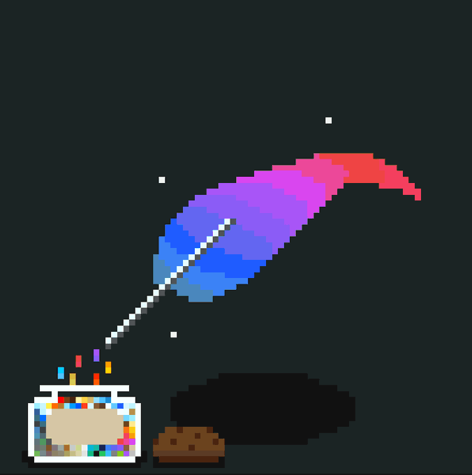 A pixel art illustration on a dark gray background showing a vibrant, multicolored feather floating above a small box that is emitting colorful sparks, resembling a firework display.