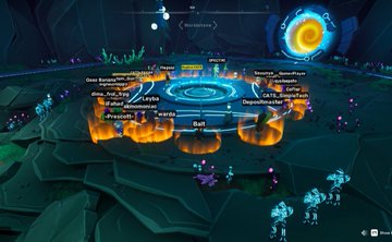 The image shows a video game scene with a group of characters standing around a large blue circle. There are several names displayed on the screen, including "Beth", "Dino", "Poppy", "Catalyst", "Coffee", "Eagle", and "Dragon". The characters appear to be engaged in a conversation or preparing for an event related to the game.