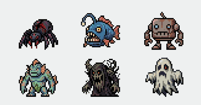 Six pixel-art style monster characters arranged in two rows on a gray background, including a spider, anglerfish, robot, golem, tree creature, and ghost.