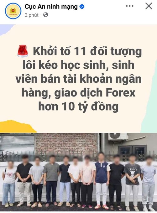 A Vietnamese social media post from 'Cục An ninh mạng' with the headline 'Khởi tố 11 đối tượng lôi kéo học sinh, sinh viên bán tài khoản ngân hàng, giao dịch Forex hơn 10 tỷ đồng' above a photo of 11 detained individuals with blurred faces.