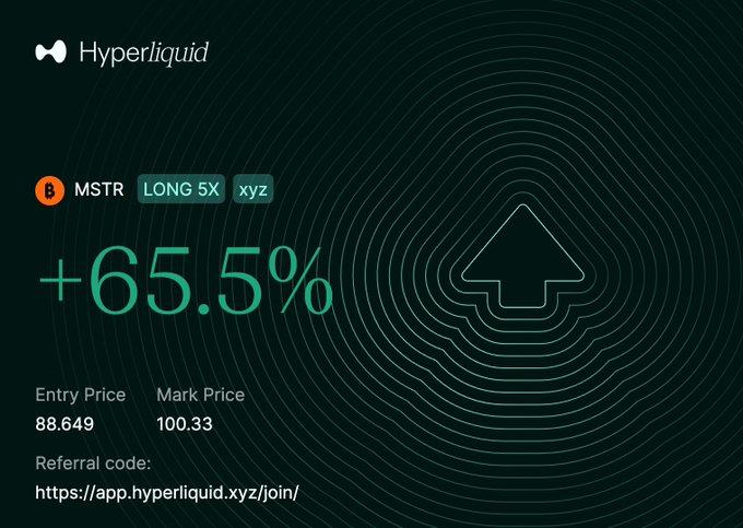 The image shows a Hyperliquid trading position on MSTR with a 5x long leverage, displaying a +65.5% gain from an entry price of 88.649 to a mark price of 100.33, alongside a referral link. The "Calm" caption likely contrasts with the significant 65.5% profit shown, humorously downplaying the substantial gain.