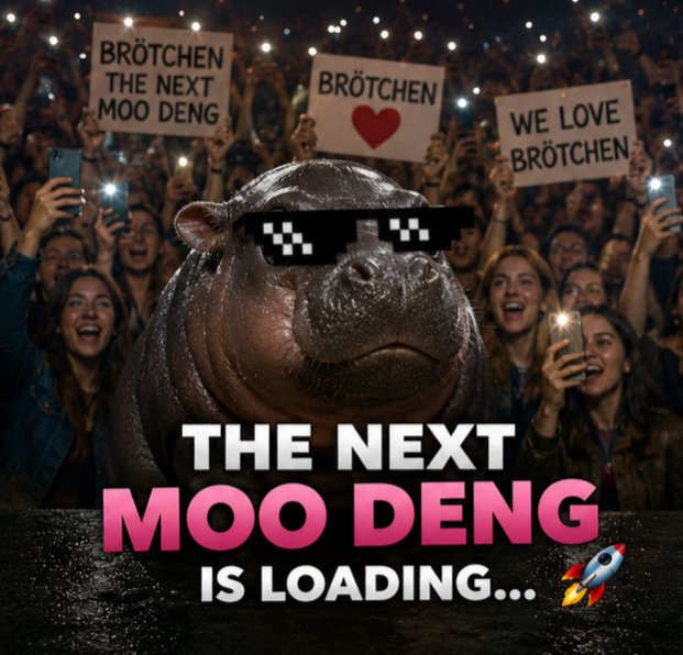 A meme graphic featuring Moo Deng the pygmy hippo wearing pixelated sunglasses in front of a screaming concert crowd with signs reading 'BRÖTCHEN THE NEXT MOO DENG', 'BRÖTCHEN [heart]', and 'WE LOVE BRÖTCHEN', with text 'THE NEXT MOO DENG IS LOADING...'.