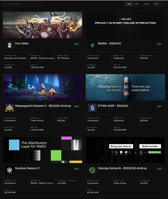 A webpage displaying airdrop opportunities with cards including 'Iron Allies' (Reputation & Contribution), 'Beldex - $50,000', 'Sleepagotchi Season 2 - $50,000 Airdrop', 'ETHRA SHIP - $30,000', 'Nucleus Season 2', and 'Canopy Network - $100,000 Airdrop', each with eligibility criteria like Top 500 or Top 300.