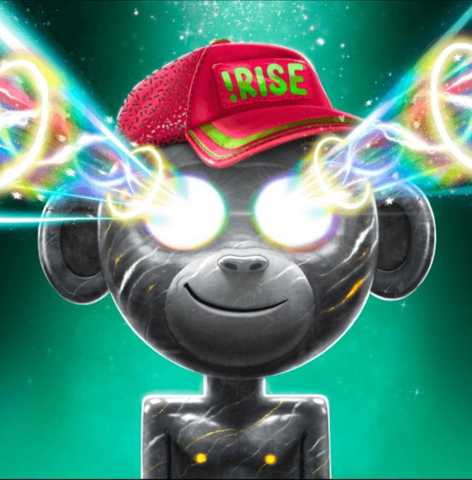 A digital artwork of a black Bored Ape-style NFT character wearing a red cap with green "IRISE" text, featuring glowing rainbow laser eyes and a teal background.