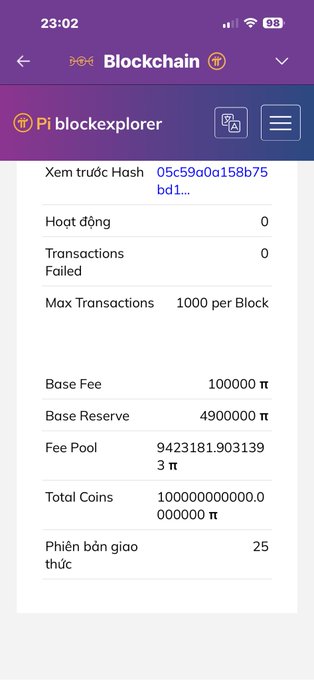 A Pi Network blockchain explorer screenshot displaying protocol version 25 ("Phiên bản giao thức" 25) and current network parameters, including a base fee of 100,000 π, a max of 1,000 transactions per block, and zero transactions failed. This visually confirms the post's claim that the Pi Node has successfully synchronized with Blockchain Protocol v25, with v26 still pending activation.