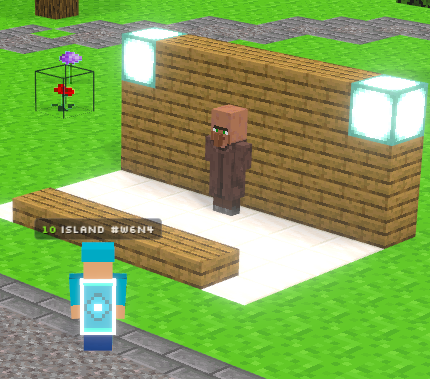 A Minecraft-style villager stands behind a wooden counter in an "ISLAND #W6N9" location, with a player character facing it, illustrating a new block-trading NPC feature. The setup suggests a marketplace where players can interact with the villager to exchange blocks.