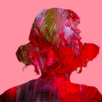 An expressive, abstract portrait painting featuring a figure with red and pink textured brushstrokes against a solid pink background.