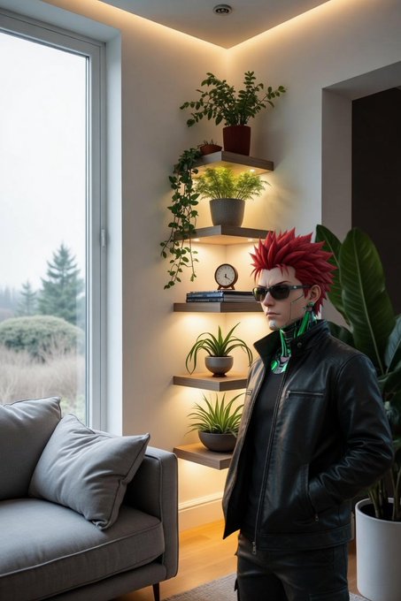 A person with spiky red hair, sunglasses, and a black leather jacket stands in a modern living room featuring floating wooden shelves with potted plants and a gray sofa.