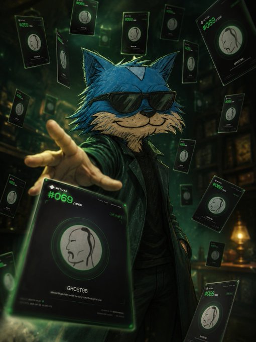 Stylized artwork of a blue furry character in sunglasses and a green jacket surrounded by floating NFT cards labeled '#069/9000' showing a 'GHOST96' collection.