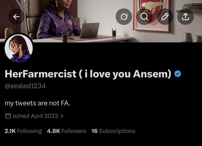 The image shows an X (Twitter) profile for "HerFarmercist (i love you Ansem)" (@sealed1234), a verified account with 4.8K followers and 16 subscriptions that joined April 2023, featuring a profile picture of an anime-style woman in a purple blazer.

The profile bio and name directly reflect the post's enthusiasm for Ansem and crypto, showing the user's clear allegiance to $ANSEM as a token.