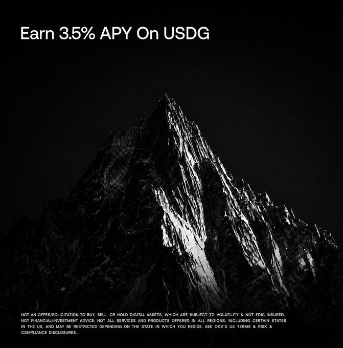 An advertisement for a mountain range features a steep peak against a dark sky with the text "earn 3.5%" and "APY on USDC". It seems that the image represents the mountain's height, while the "earn" refers to earning money from it or its related activities. The post suggests rewards can be earned through holding and managing accounts for VIP users who receive interest payments of at least 4.1% APY. This implies a possible relationship between the mountain range and Bitcoin investments, as both offer the opportunity to earn interest and make financial gains.