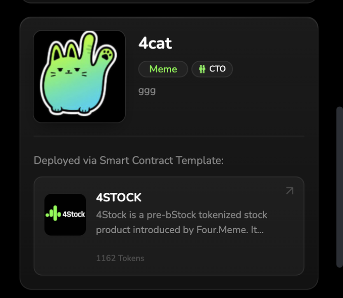 A dark-themed interface displays a token profile for '4cat' tagged as 'Meme' and 'CTO' with description 'ggg', deployed via '4STOCK' smart contract template (1,162 Tokens) by Four.Meme.