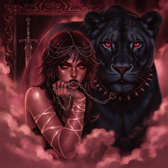 A digital fantasy artwork featuring a woman with red glowing eyes and chains beside a large black panther with glowing red eyes, set against a dark red smoky background with a sword and ornate frame.
