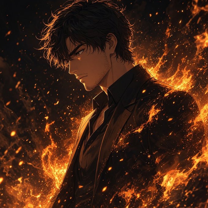 An anime-style illustration of a dark-haired man in a black suit standing in profile against a dramatic backdrop of swirling flames and embers.