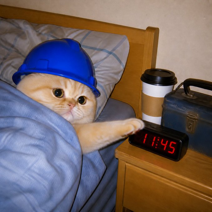 An orange cat wearing a blue hard hat peeks out from under blue bedding, reaching a paw toward a digital clock displaying "11:45," as if starting its busy workday.