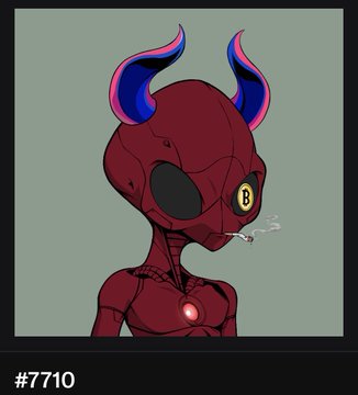 A digital illustration of a red alien-like character with blue and pink horns smoking a cigarette, labeled '#7710'.