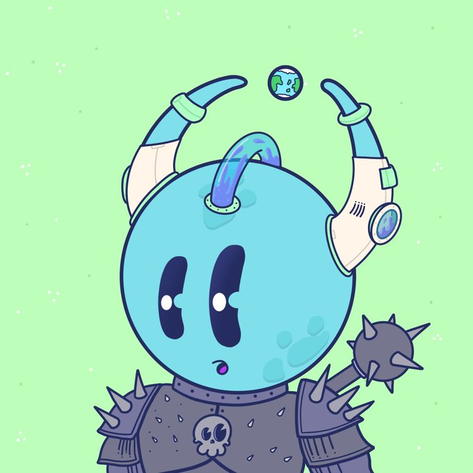 A cartoon illustration features a blue, spherical creature with large expressive eyes wearing headphones and spiked dark armor with a skull emblem, set against a light green background with a tiny Earth floating above.