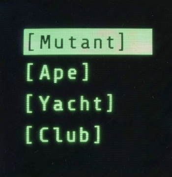 A retro green monochrome menu screen displays the selectable options "[Mutant]," "[Ape]," "[Yacht]," and "[Club]," with "Mutant" highlighted. This styling visually nods to the Bored Ape Yacht Club NFT collection referenced in the caption, paying homage to the brand's pixelated, retro aesthetic.