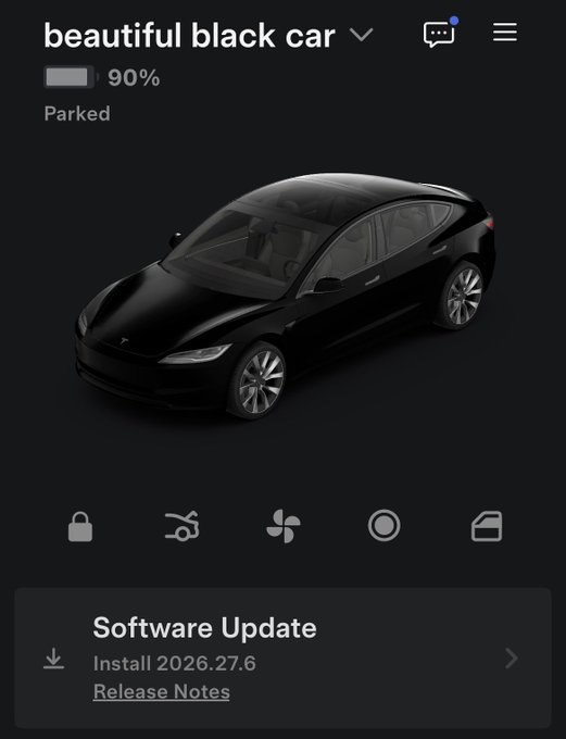 A Tesla mobile app interface showing a black car labeled 'beautiful black car' with a 90% battery status, displayed as 'Parked', along with control icons and a software update notification for version 2026.27.6.