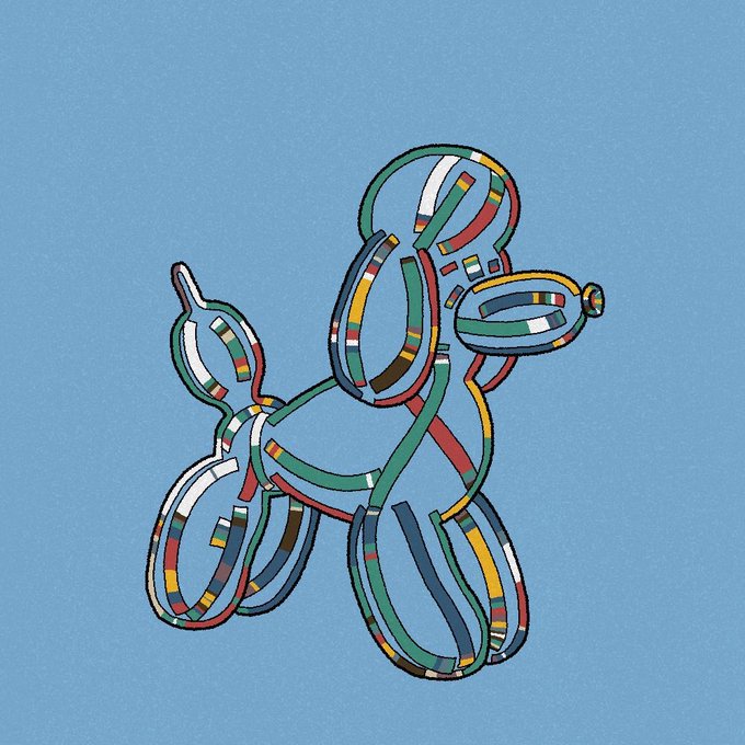An abstract line art illustration on a solid blue background depicting intertwined, looping ribbon-like shapes colored in segments of green, yellow, red, and white.