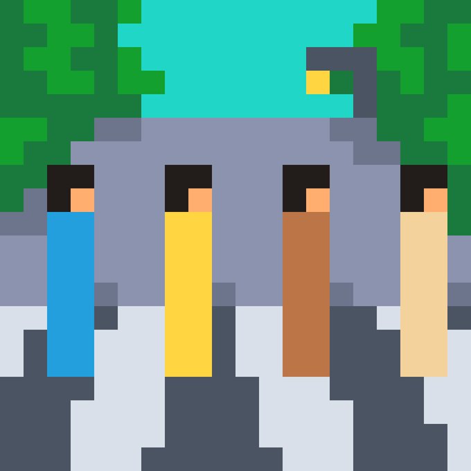 A pixel art image showing four Minecraf-style characters with different colored shirts (blue, yellow, brown, beige) in a blocky outdoor environment.