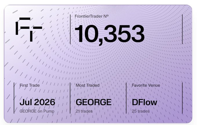 A purple 'FrontierTrader' membership card for user 'GEORGE' numbered 10,353, showing First Trade of Jul 2026, Most Traded GEORGE with 21 trades, and Favorite Venue DFlow with 25 trades.