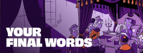 A still from the animated TV show The Simpsons showing ghostly purple characters behind a curtain with large white text reading 'YOUR FINAL WORDS'.