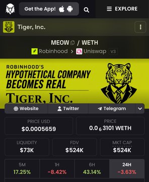 Screenshot of the Tiger, Inc. (MEOW) cryptocurrency token page showing price at $0.0005659, available on Robinhood and Uniswap v3, with text 'ROBINHOOD'S HYPOTHETICAL COMPANY BECOMES REAL TIGGER, INC.'
