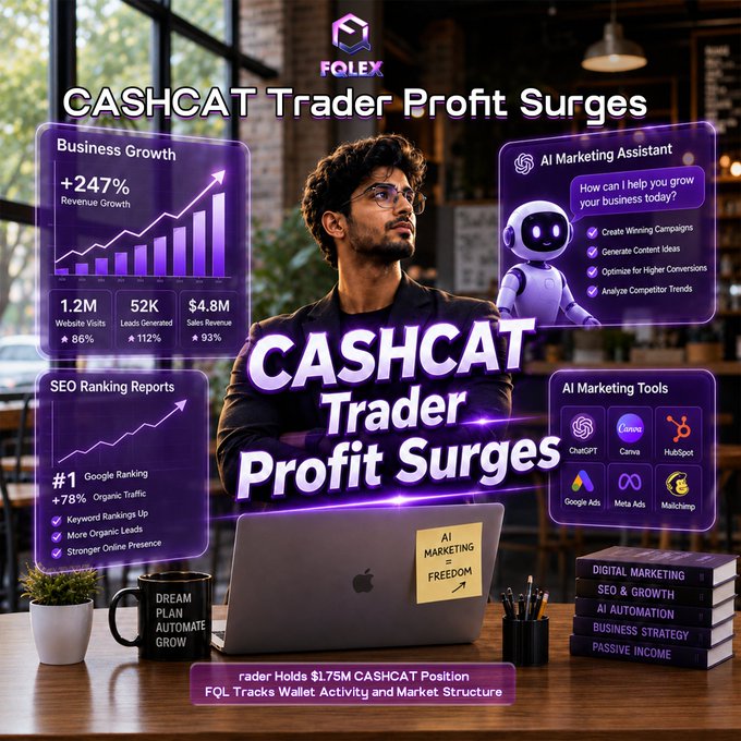 A young professional sits at a laptop in a modern office setting, surrounded by purple-themed graphics advertising "CASHCAT Trader Profit Surges," featuring metrics like +247% Revenue Growth, $4.8M Sales Revenue, and an AI Marketing Assistant, along with logos for ChatGPT, Canva, and HubSpot, supporting the post's claim about a trader holding a $1.75M CASHCAT position on the FQL Exchange.