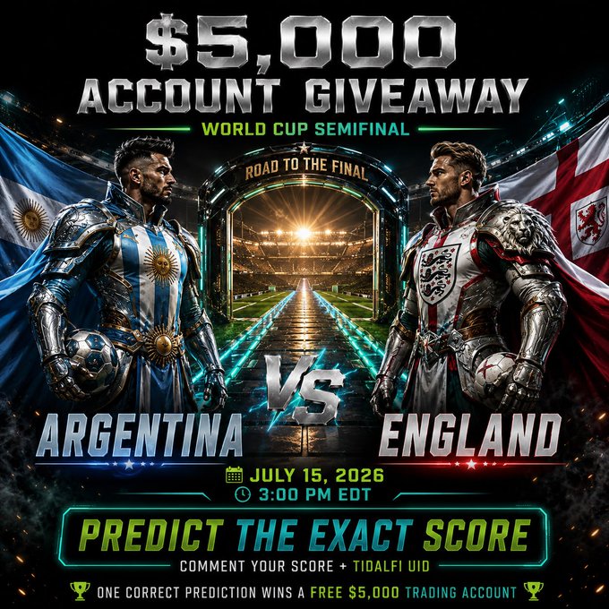 A promotional graphic for a "$5,000 Account Giveaway" tied to the World Cup Semifinal between Argentina and England on July 15, 2026 at 3:00 PM EDT, asking users to predict the exact score.