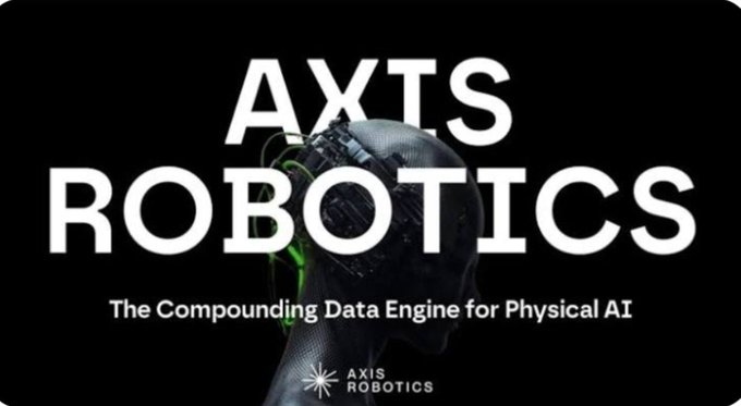 A promotional graphic for AXIS ROBOTICS featuring a robotic head with text reading 'The Compounding Data Engine for Physical AI' on a black background.