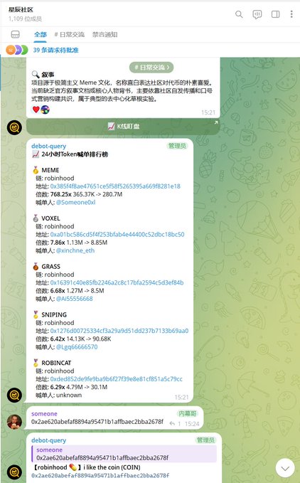 A Telegram chat screenshot showing a 'Help Community' (帮帮社区) group discussion about Meme culture, with a leaderboard ranking tokens like MEME, VOXEL, GRASS, SNIPING, and ROBINCAT on the Robinhood chain.
