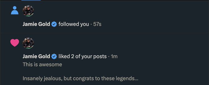 A notification panel shows that verified user "Jamie Gold" followed the user 57 seconds ago and liked 2 of their posts 1 minute ago, with comments reading "This is awesome" and "Insanely jealous, but congrats to these legends..." — supporting the poster's excitement about the WSOP champion's attention on their Solana-related content.