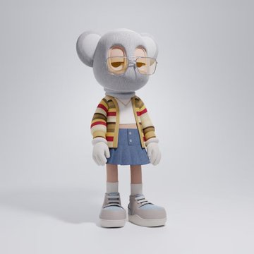 The image features a 3D-rendered character of a fluffy white bear-like creature wearing glasses, a striped cardigan, and a denim skirt, which likely represents the "Beast" collectible mentioned in the post as a gifted prize from the giveaway winner @1122Blessed.