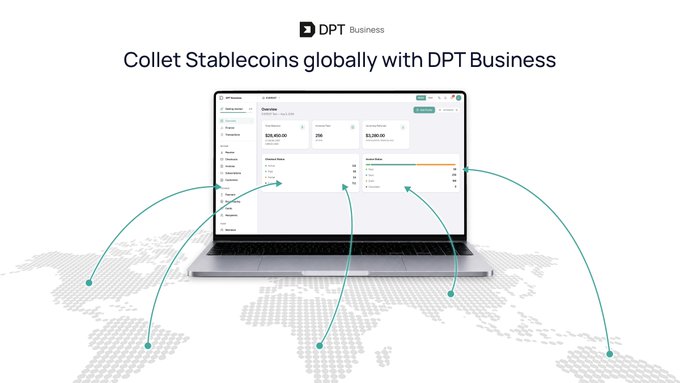 Marketing image for DPT Business with the text 'Collet Stablecoins globally with DPT Business' displayed above a laptop showing a financial dashboard, with dotted world map graphics and connecting lines below.