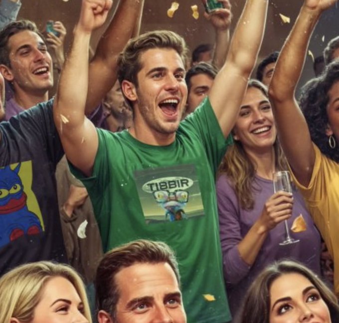 The image shows a group of people gathered together, with one man wearing a green shirt that has "Tibbi Riri" written on it. The other people are also holding up their arms or cheering, indicating a celebratory atmosphere. There is a wine glass and a cup in the scene as well. The post related to this image reads: "Gribbit $TIBBIR green."