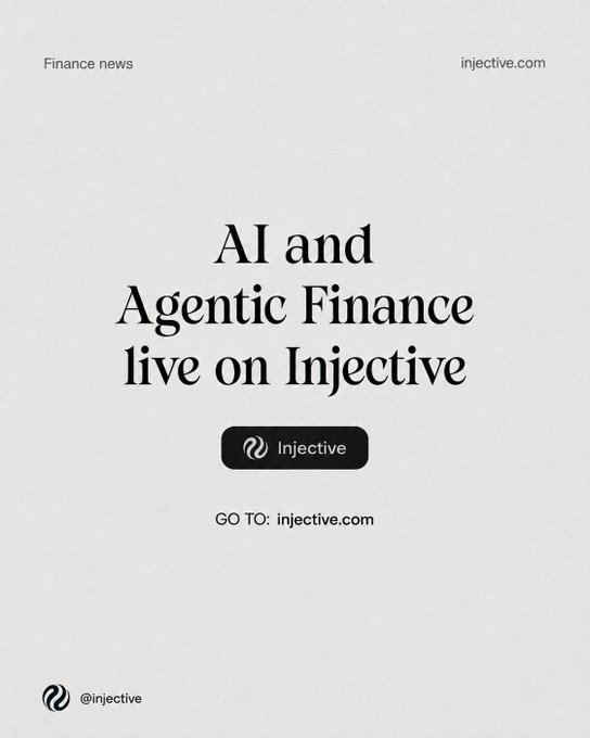 A minimalist financial advertisement reading 'AI and Agentic Finance live on Injective' with a black 'Injective' button, 'GO TO: injective.com', and the header 'Finance news' and 'injective.com'.