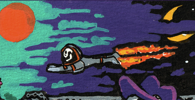 An illustrated scene depicts a grim reaper in a hoodie flying horizontally with rocket boosters emerging from their feet across a night sky with a red moon.