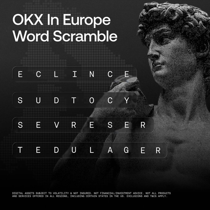 A promotional graphic titled "OKX In Europe Word Scramble" displays four scrambled words—"ECLINCE," "SUDTOCY," "SEVRESER," and "TEDULA GER"—alongside a classical statue, inviting participants to unscramble them for a chance to win $500 USDT in OKX's Weekend Quiz contest.