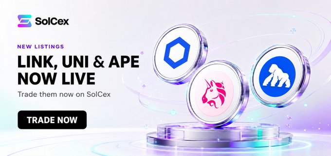 Promotional banner from SolCex announcing new listings for Chainlink ($LINK), Uniswap ($UNI), and ApeCoin ($APE), featuring the platform's logo, the headline "NEW LISTINGS — LINK, UNI & APE NOW LIVE," and a "TRADE NOW" call-to-action button alongside 3D renderings of the three crypto tokens displayed on a futuristic platform.