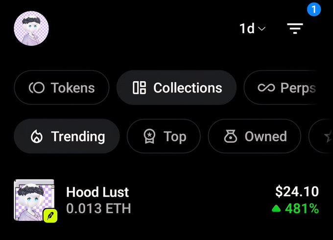 A dark-themed NFT marketplace interface showing tabs for Tokens, Collections, and Perps, with a listing for 'Hood Lust' priced at 0.013 ETH ($24.10) up 481%.