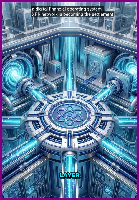 The image features an abstract, futuristic cityscape with a large blue circle at its center surrounded by numerous pipes of varying sizes. The city appears to be made up of interconnected structures, suggesting a complex network or system within the city. The caption above the image reads "XPR Network is becoming more than a blockchain. It'S becoming a settlement layer for the digital economy. Most people still see blockchains as places to trade tokens. But the real opportunity is much bigger". This implies that the XPR Network, which is often associated with blockchain technology, has evolved beyond its original purpose and is now being utilized in various aspects of the digital economy, such as settlements or financial systems.