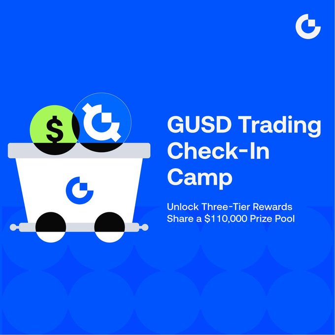 A promotional graphic for the "GUSD Trading Check-In Camp" featuring a white mining cart carrying a dollar sign and a "G" logo coin against a blue background, advertising a $110,000 prize pool with three-tier rewards for GUSD traders.
