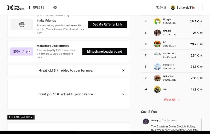 Screenshot of the Quip Network dashboard for user 'Bull.web3' showing 11220 points, an Invite Friends referral link, a Mindshare Leaderboard ranking the user 97th with 11.2K points, and reward notifications.